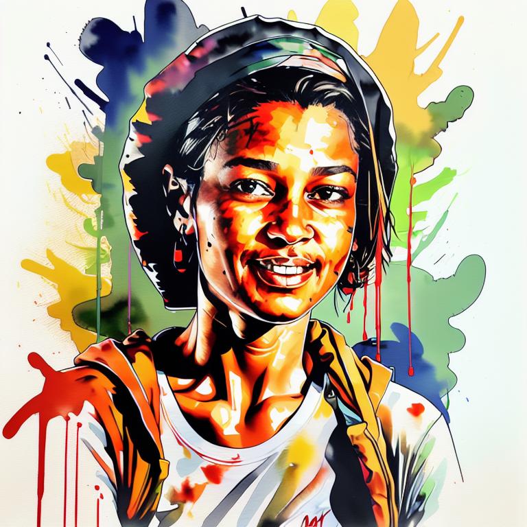  vibrant watercolor portrait with graffiti style face, fully white background, ,face with soft blending of warm and cool tones (orange, yellow, green),using shades of colors, contrast between light and shadow on the face, Bold color splashes and abstract drips in the background for a dynamic, artistic vibe, highly detailed tattoo, fully white background , dskinkpunkundefined - Variation 56