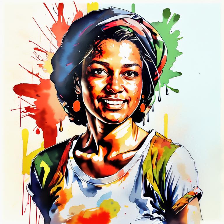  vibrant watercolor portrait with graffiti style face, fully white background, ,face with soft blending of warm and cool tones (orange, yellow, green),using shades of colors, contrast between light and shadow on the face, Bold color splashes and abstract drips in the background for a dynamic, artistic vibe, highly detailed tattoo, fully white background , dskinkpunkundefined - Variation 53