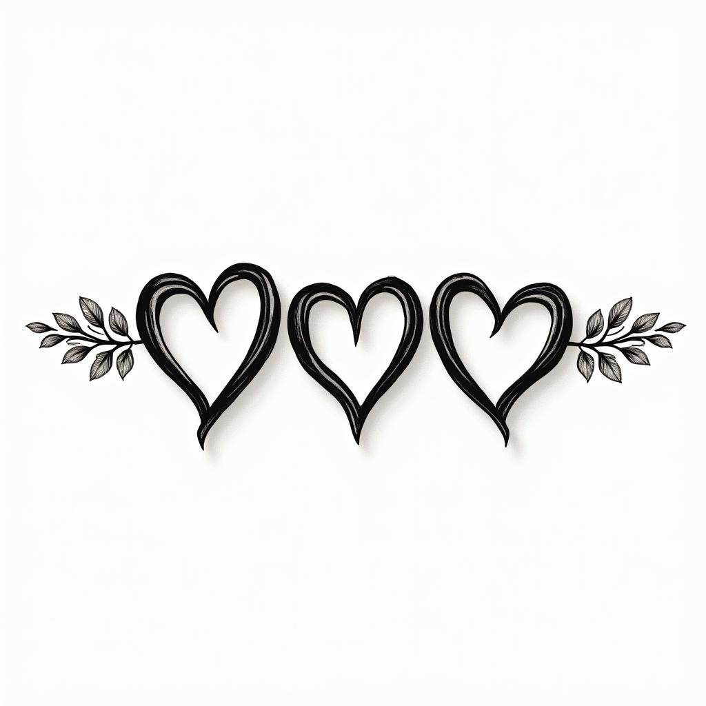 Three hearts drawn horizontally with the possibility of writing letters inside them.in elegant cursive calligraphy style 2d tattoo, decorate with roses, featuring a smooth and flowing handwritten script with slightly thickened strokes for a luxurious and bold appearance, heart symbol between names, sleek and glossy black text with shadowing, minimalist matte white background, clean and sharp edges, illuminated with soft lighting, romantic, 8k, high-quality textures with refined typography - Variation 2