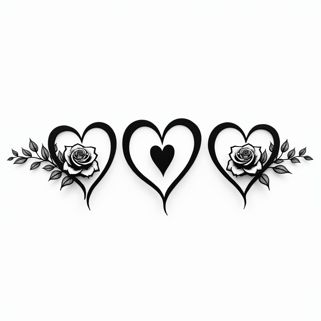 Three hearts drawn horizontally with the possibility of writing letters inside them.in elegant cursive calligraphy style 2d tattoo, decorate with roses, featuring a smooth and flowing handwritten script with slightly thickened strokes for a luxurious and bold appearance, heart symbol between names, sleek and glossy black text with shadowing, minimalist matte white background, clean and sharp edges, illuminated with soft lighting, romantic, 8k, high-quality textures with refined typography - Variation 1