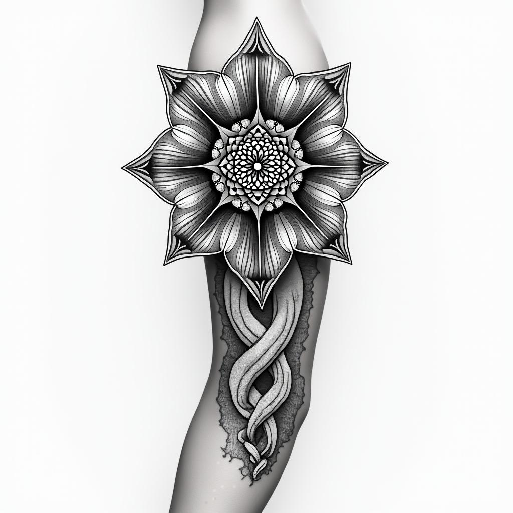 Metatrons cube, flower of life, and Mandela flower, twisting downward right armhigly detailed tattoo - Variation 4