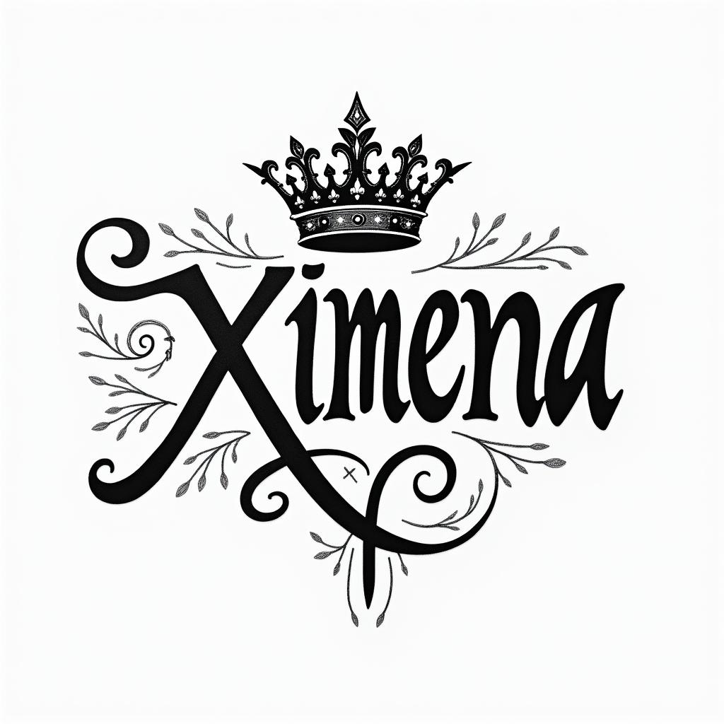 "Stylized tattoo of the name 'Ximena' in elegant lettering, featuring a regal queen crown above it, all designed in a reverse shade style."higly detailed tattoo - Variation 4