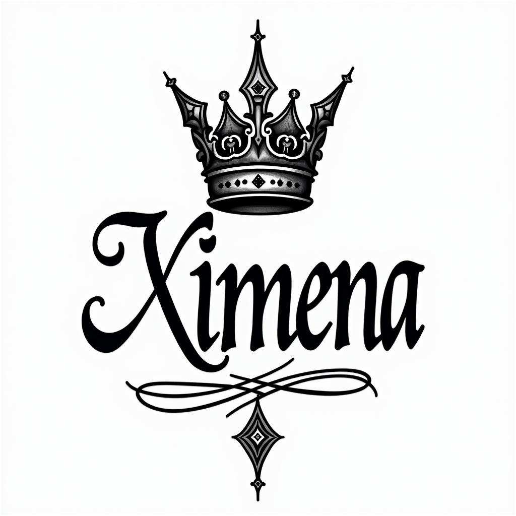 "Stylized tattoo of the name 'Ximena' in elegant lettering, featuring a regal queen crown above it, all designed in a reverse shade style."higly detailed tattoo - Variation 3