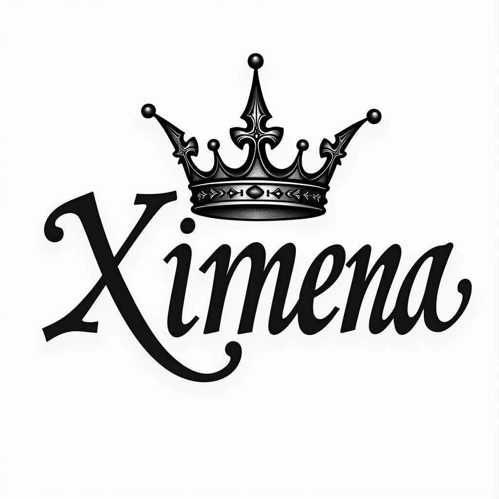 "Stylized tattoo of the name 'Ximena' in elegant lettering, featuring a regal queen crown above it, all designed in a reverse shade style."higly detailed tattoo - Variation 2
