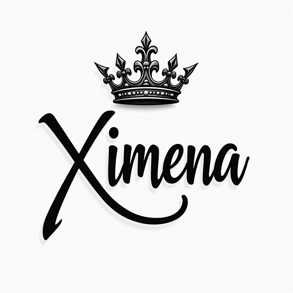 "Stylized tattoo of the name 'Ximena' in elegant lettering, featuring a regal queen crown above it, all designed in a reverse shade style."higly detailed tattoo