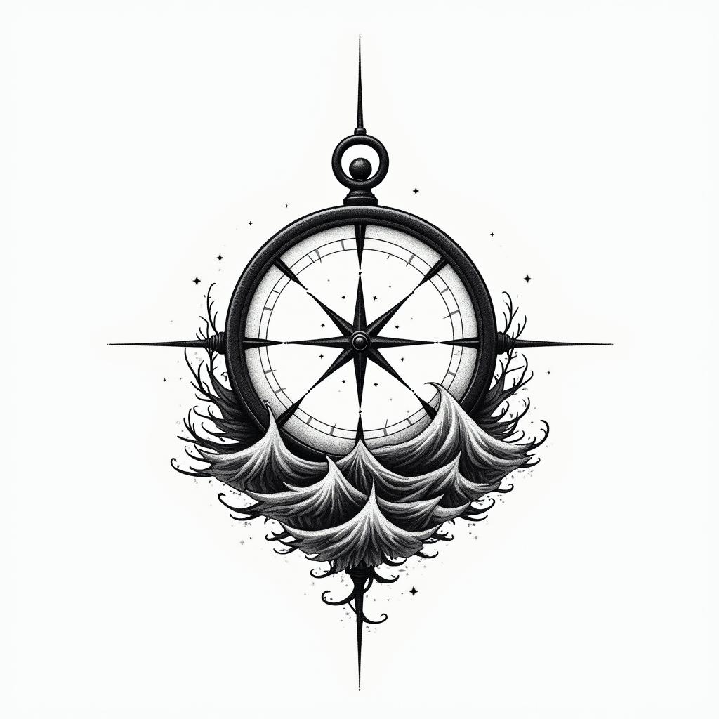 Compass surrounded by ocean wavesin minimalist style tattoo, featuring simple shapes and fine lines, with minimal shading and details, tiny triangles, creating a sense of balance and harmony - Variation 3