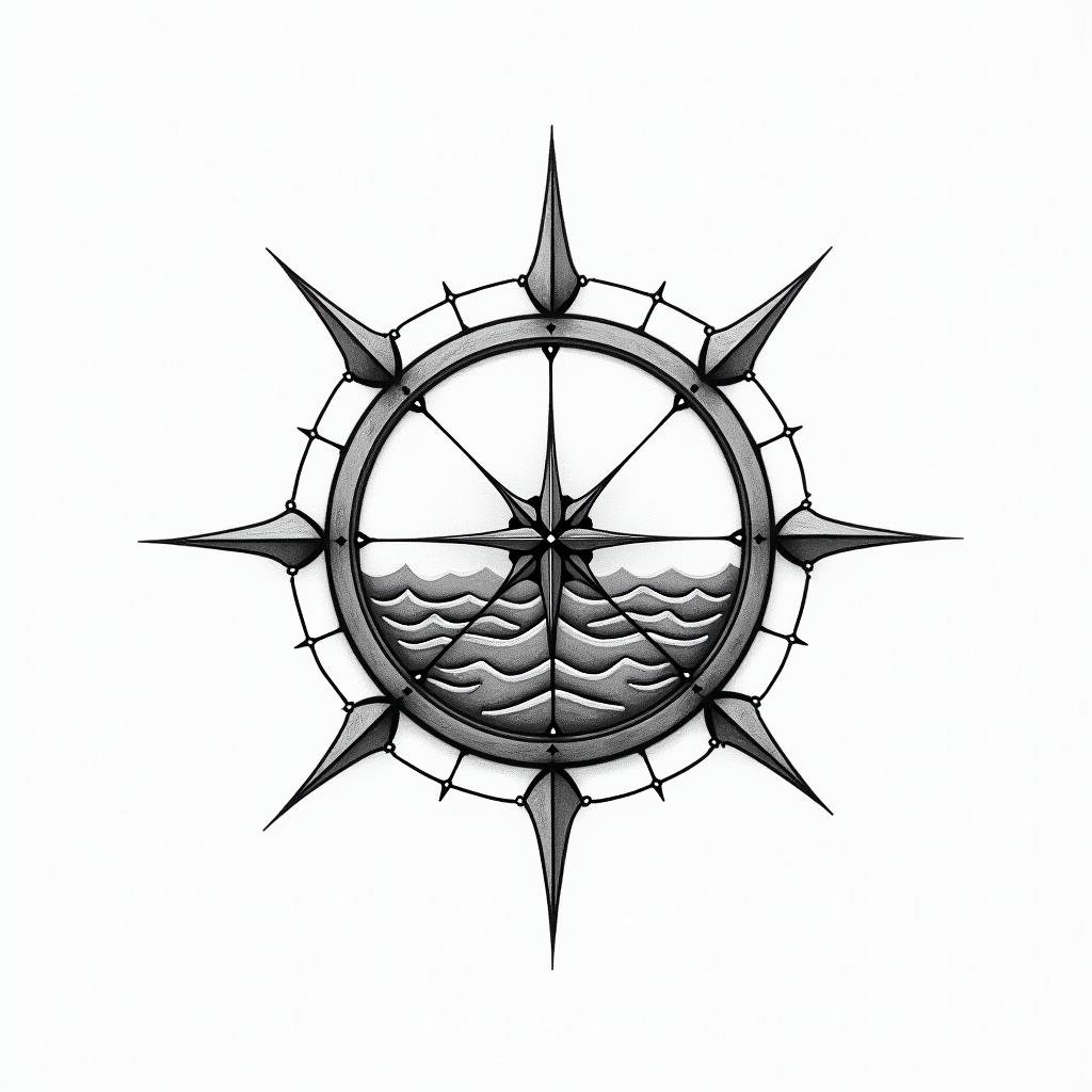 Compass surrounded by ocean wavesin minimalist style tattoo, featuring simple shapes and fine lines, with minimal shading and details, tiny triangles, creating a sense of balance and harmony - Variation 4