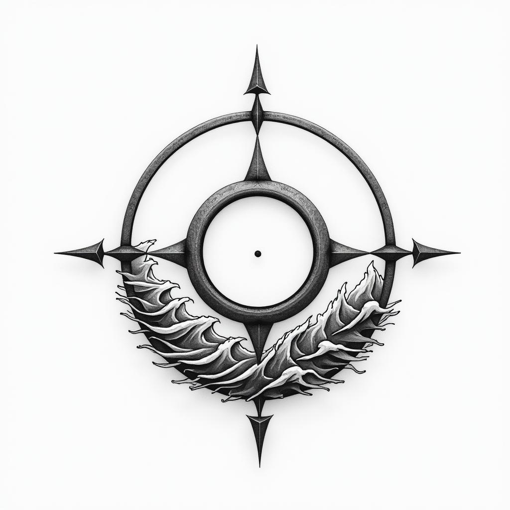Compass surrounded by ocean wavesin minimalist style tattoo, featuring simple shapes and fine lines, with minimal shading and details, tiny triangles, creating a sense of balance and harmony - Variation 2