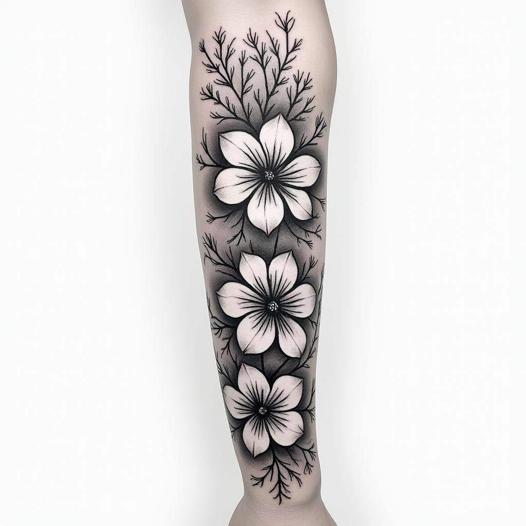 Flower peddles on fire scattered across my armin japanese style tattoo, detailed tattoo, traditional japanese culture tattoo, mythology, 8k
