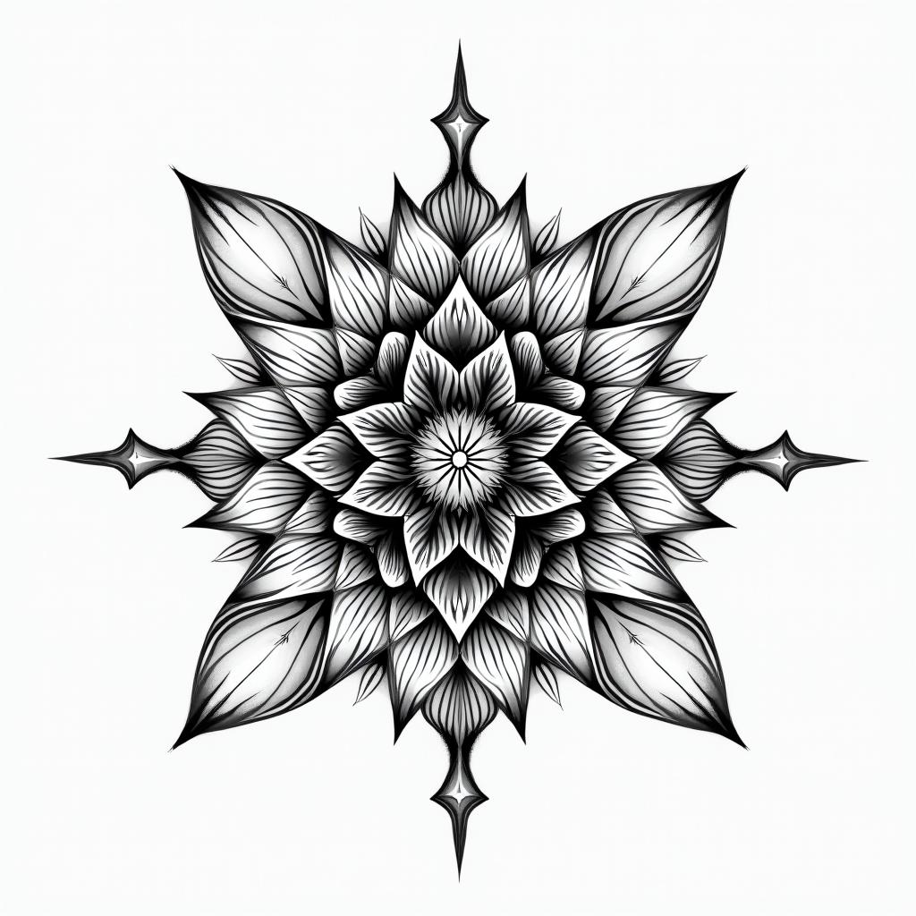 Flower of life geometric  in geometric style tattoo, blending hexagons, mandala-inspired patterns, symmetrical and fractal design, clean lines, sharp angles