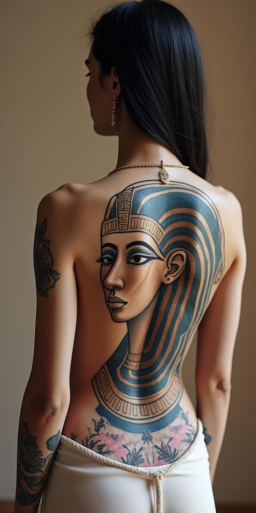 Moon, sagittarius, daisyin egyptian style tattoo, bold elements of ancient egyptian culture including a portrait of an Egyptian pharaoh with detailed facial features, in hieroglyphs and symbolic imagery, eye of horus, ankh symbol, scarab beetle