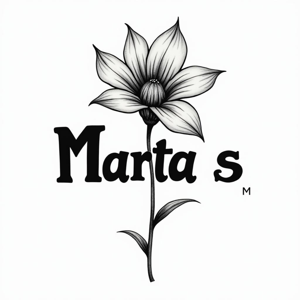 I want a flower with the name Marta s.text-based tattoo, japanese font ultra-realistic, perfectly placed, high-quality font design, photo-realistic shading, 8k, high quality, finely detailed typograph