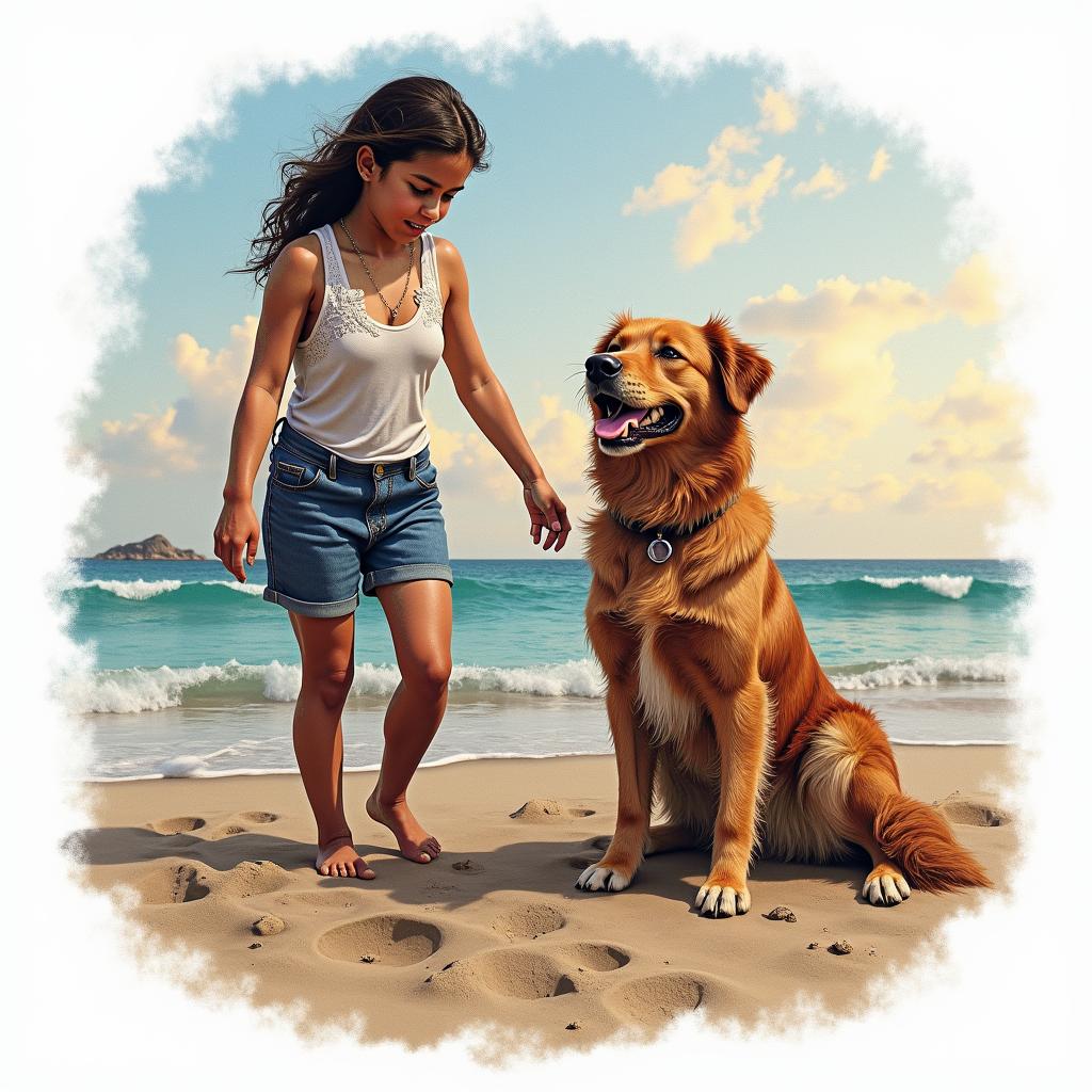 The tranquility and peace of the beach, symbolizing family connection and renewal, with a representation of the dog Marwin as a loyal friend. Elements that convey the unity of the family, along with a hint of apprehension representing the passion for the Bahia team during the games. Realistic and colorful style, capturing the essence of faith in God, with a serene beach background and elements that refer to the energy of union and love.higly detailed tattoo - Variation 2