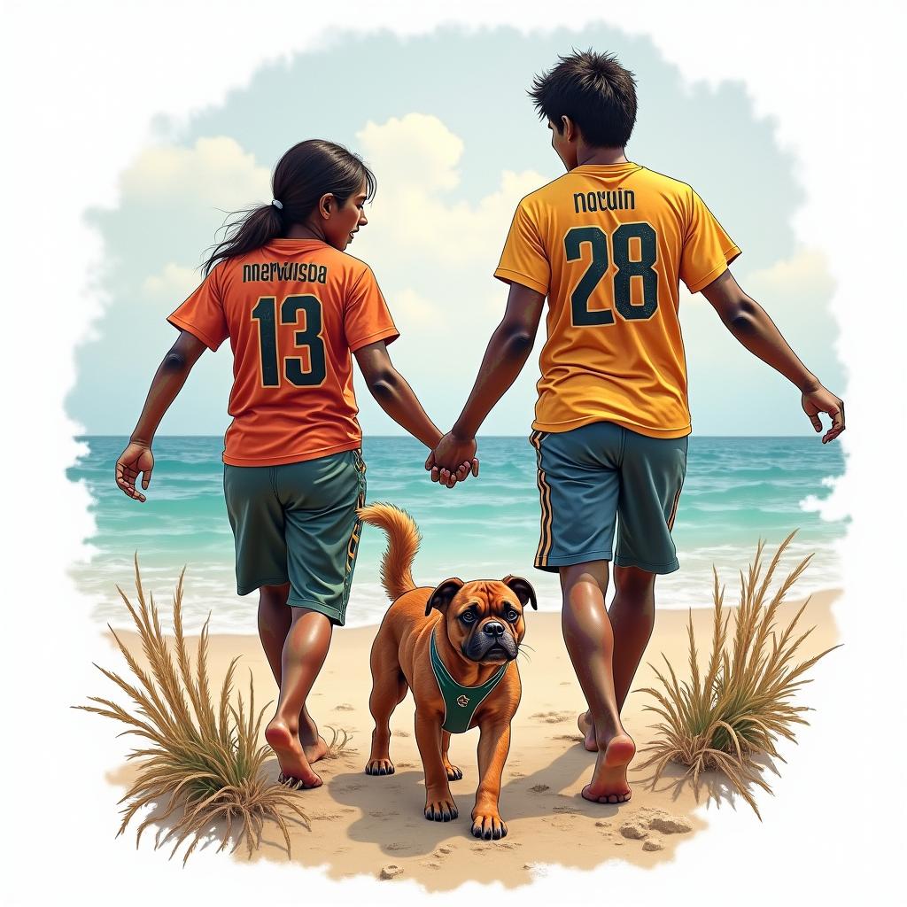 The tranquility and peace of the beach, symbolizing family connection and renewal, with a representation of the dog Marwin as a loyal friend. Elements that convey the unity of the family, along with a hint of apprehension representing the passion for the Bahia team during the games. Realistic and colorful style, capturing the essence of faith in God, with a serene beach background and elements that refer to the energy of union and love.higly detailed tattoo - Variation 4