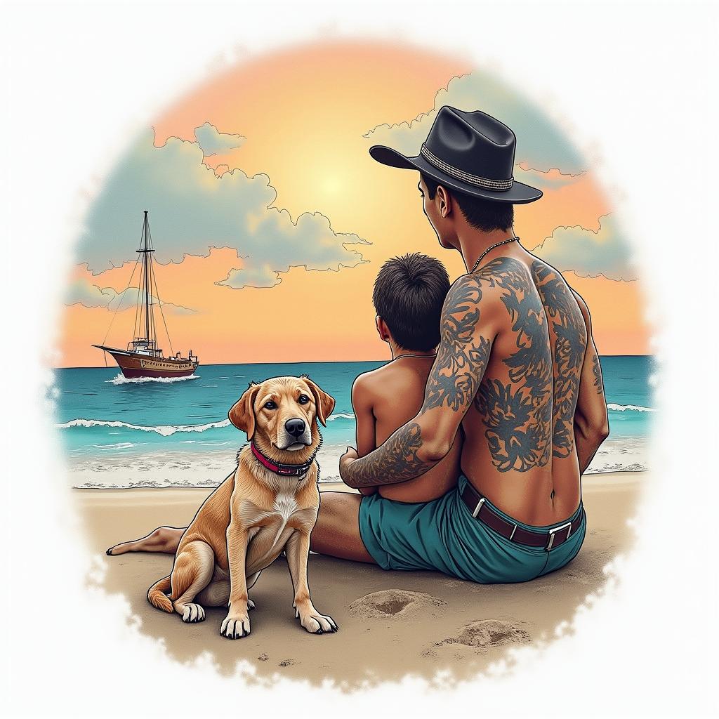 The tranquility and peace of the beach, symbolizing family connection and renewal, with a representation of the dog Marwin as a loyal friend. Elements that convey the unity of the family, along with a hint of apprehension representing the passion for the Bahia team during the games. Realistic and colorful style, capturing the essence of faith in God, with a serene beach background and elements that refer to the energy of union and love.higly detailed tattoo