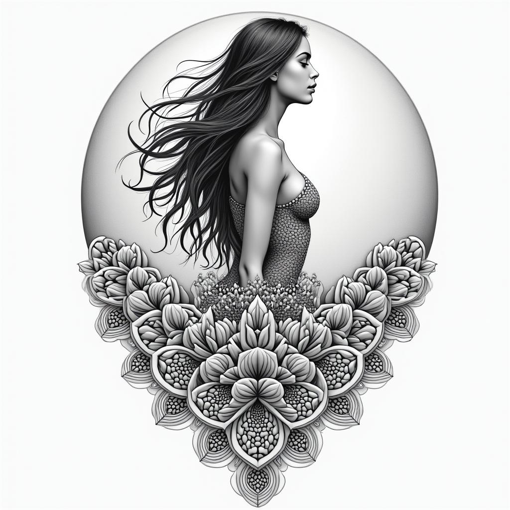 Moon ocean in geometric style tattoo, blending hexagons, mandala-inspired patterns, symmetrical and fractal design, clean lines, sharp angles - Variation 2
