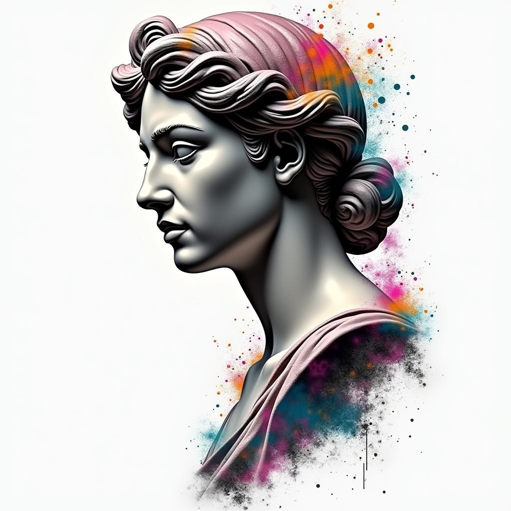 Gypsyin distorted and fragmented tattoo design, featuring a classical statue bust, in a glitch art style with vibrant, overlapping colors of cyan, magenta, and yellow, creating a digital distortion effect