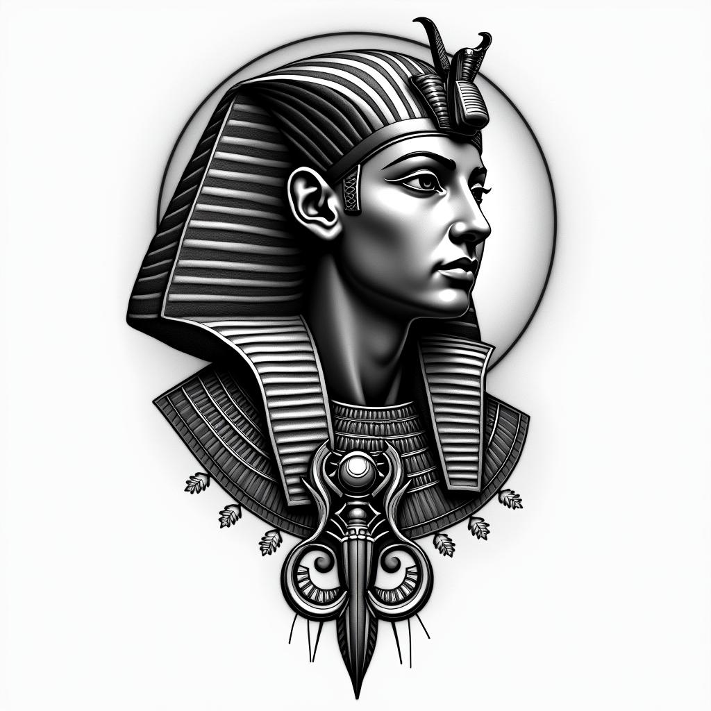 Dark night of the soulin egyptian style tattoo, bold elements of ancient egyptian culture including a portrait of an Egyptian pharaoh with detailed facial features, in hieroglyphs and symbolic imagery, eye of horus, ankh symbol, scarab beetle