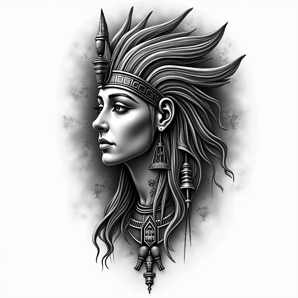 Dark night of the soulin egyptian style tattoo, bold elements of ancient egyptian culture including a portrait of an Egyptian pharaoh with detailed facial features, in hieroglyphs and symbolic imagery, eye of horus, ankh symbol, scarab beetle - Variation 4