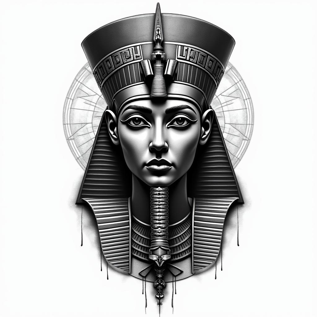 Dark night of the soulin egyptian style tattoo, bold elements of ancient egyptian culture including a portrait of an Egyptian pharaoh with detailed facial features, in hieroglyphs and symbolic imagery, eye of horus, ankh symbol, scarab beetle - Variation 2