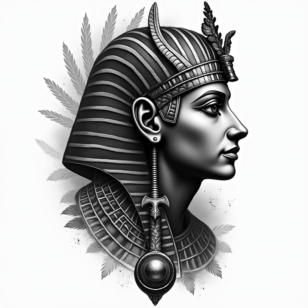 Dark night of the soulin egyptian style tattoo, bold elements of ancient egyptian culture including a portrait of an Egyptian pharaoh with detailed facial features, in hieroglyphs and symbolic imagery, eye of horus, ankh symbol, scarab beetle - Variation 3
