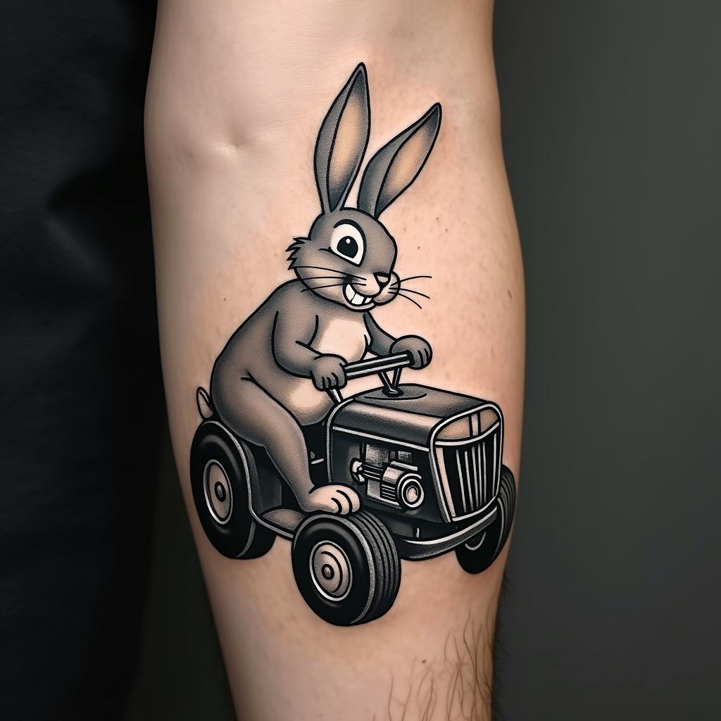 Bugs bunny push vintage push lawn mowerin realism tattoo style, featuring a highly detailed, lifelike, capturing every detail, photorealistic, ultra realistic, intricate shading, smooth and sharp,  