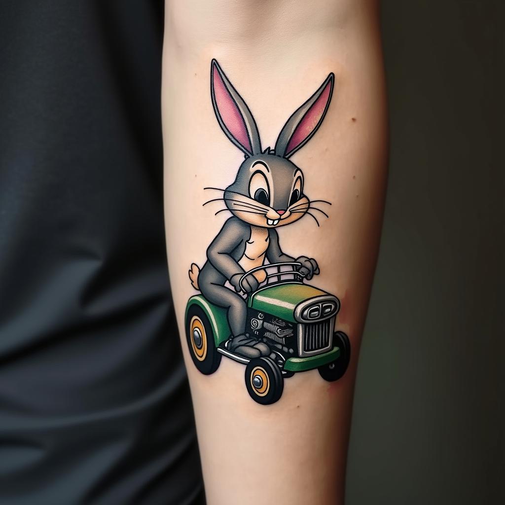 Bugs bunny push vintage push lawn mowerin realism tattoo style, featuring a highly detailed, lifelike, capturing every detail, photorealistic, ultra realistic, intricate shading, smooth and sharp,   - Variation 2