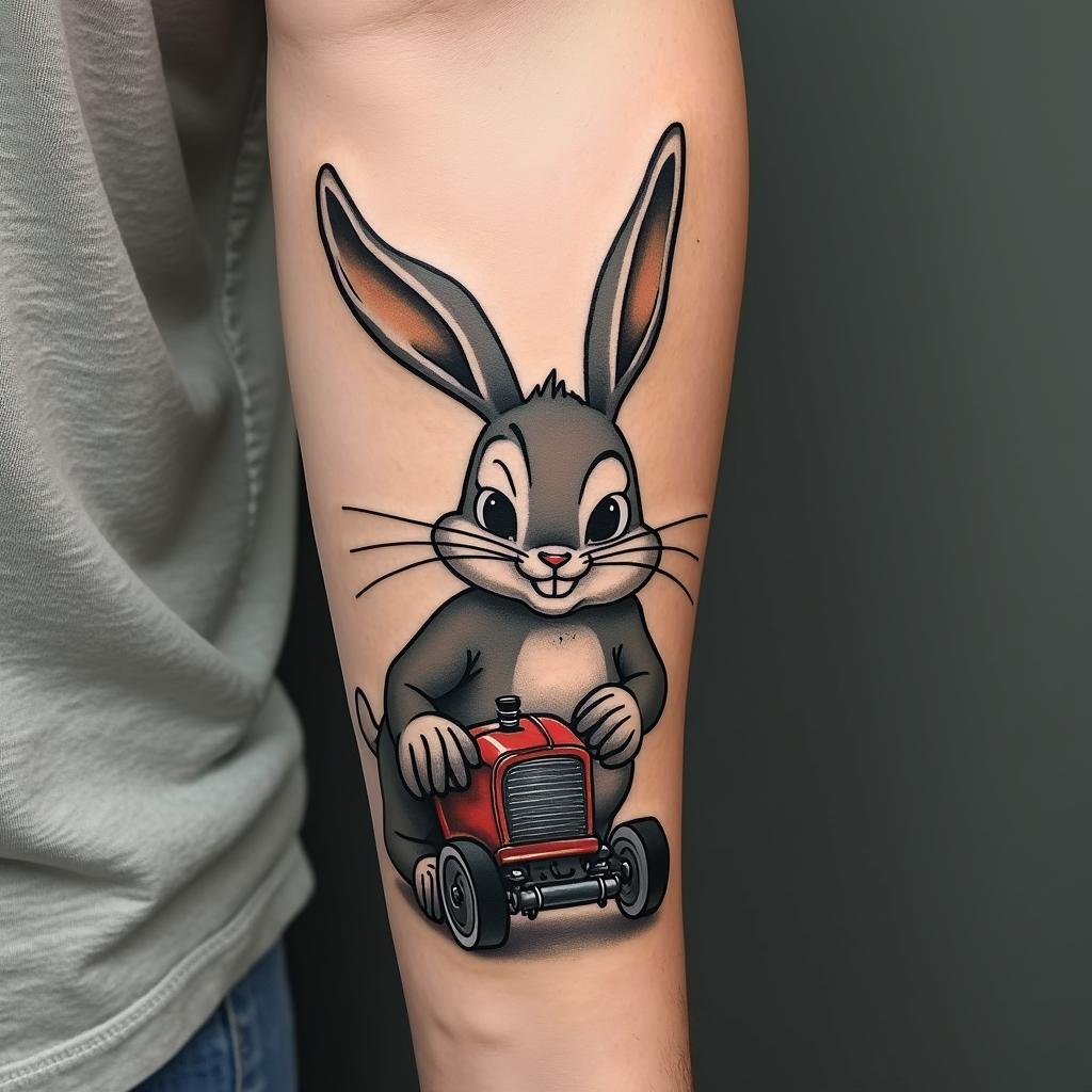 Bugs bunny push vintage push lawn mowerin realism tattoo style, featuring a highly detailed, lifelike, capturing every detail, photorealistic, ultra realistic, intricate shading, smooth and sharp,   - Variation 4
