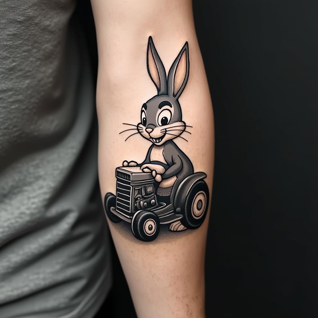 Bugs bunny push vintage push lawn mowerin realism tattoo style, featuring a highly detailed, lifelike, capturing every detail, photorealistic, ultra realistic, intricate shading, smooth and sharp,   - Variation 3