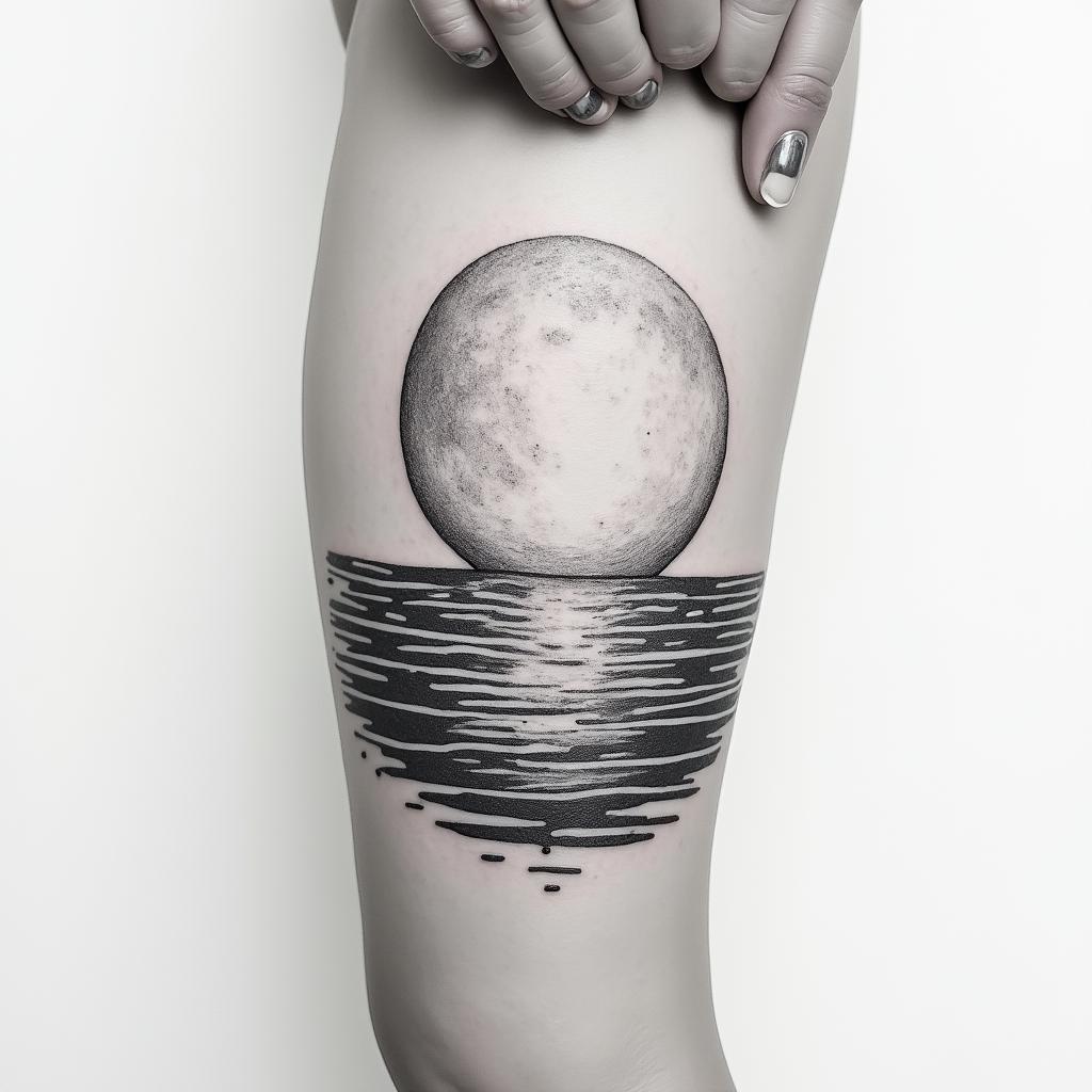 Moon oceanminimalist text-based tattoo, Monospace font ultra-realistic, perfectly placed, high-quality font design, photo-realistic shading, 8k, high quality, finely detailed typograph - Variation 2