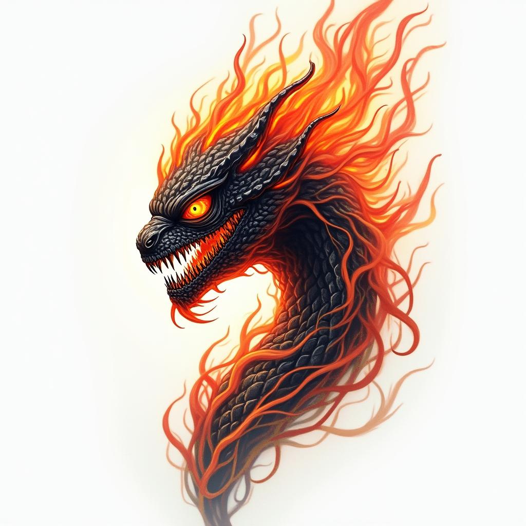 Flame like symbiotein flame tattoo style showcasing fiery elements with dynamic flame patterns, glowing effect of flames, natural colors - Variation 1
