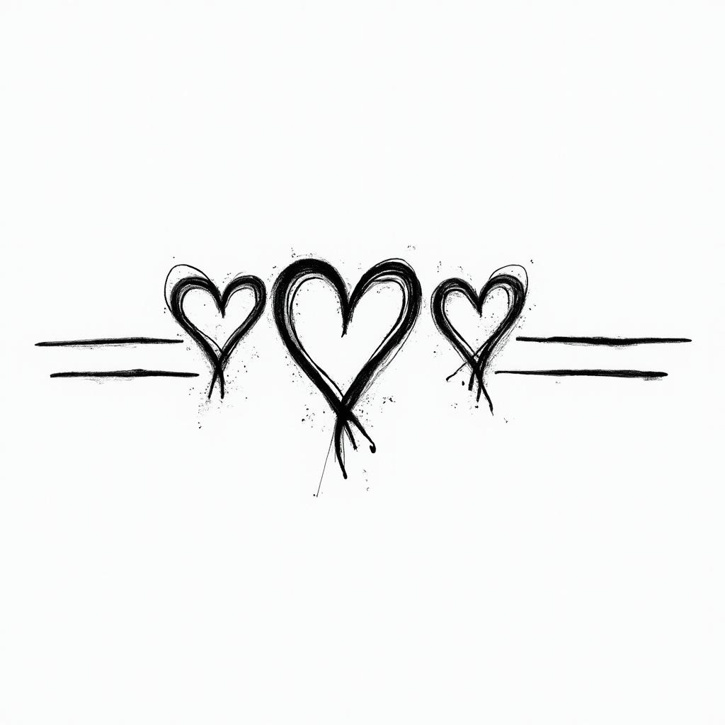 Three hearts drawn horizontally, with the middle heart being larger and the possibility of writing letters inside them.higly detailed tattoo