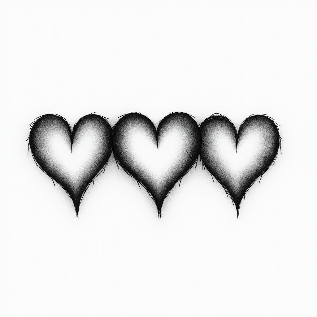 Three hearts drawn horizontally, with the middle heart being larger and the possibility of writing letters inside them.higly detailed tattoo - Variation 3