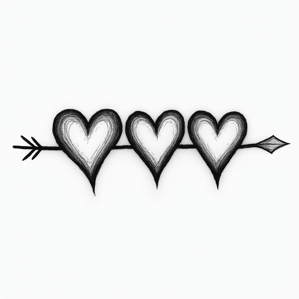 Three hearts drawn horizontally, with the middle heart being larger and the possibility of writing letters inside them.higly detailed tattoo - Variation 2