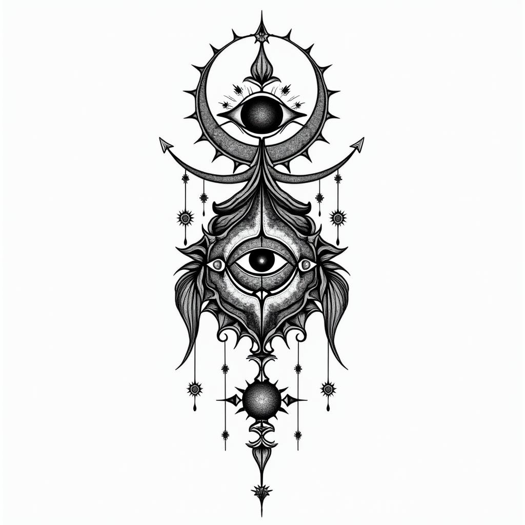 Dark night of the soul, eternal love, infinite, pisces, Acacia Wolffin spiritual symbols tattoo style, featuring an intricate design incorporating elements, Hamsa hand, third eye, minimalist composition