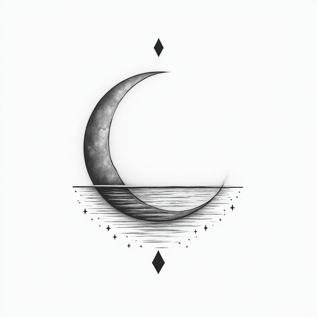 Moon and seain minimalist style tattoo, featuring simple shapes and fine lines, with minimal shading and details, tiny triangles, creating a sense of balance and harmony - Variation 4