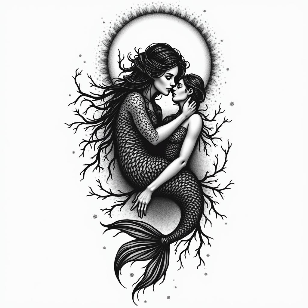 Dark night of the soul, eternal love, infinite, pisces, Acacia Wolffin authentic tattoo style, incorporating traditional modifications, bold black outlines, solid color fills, featuring classic authentic elements
