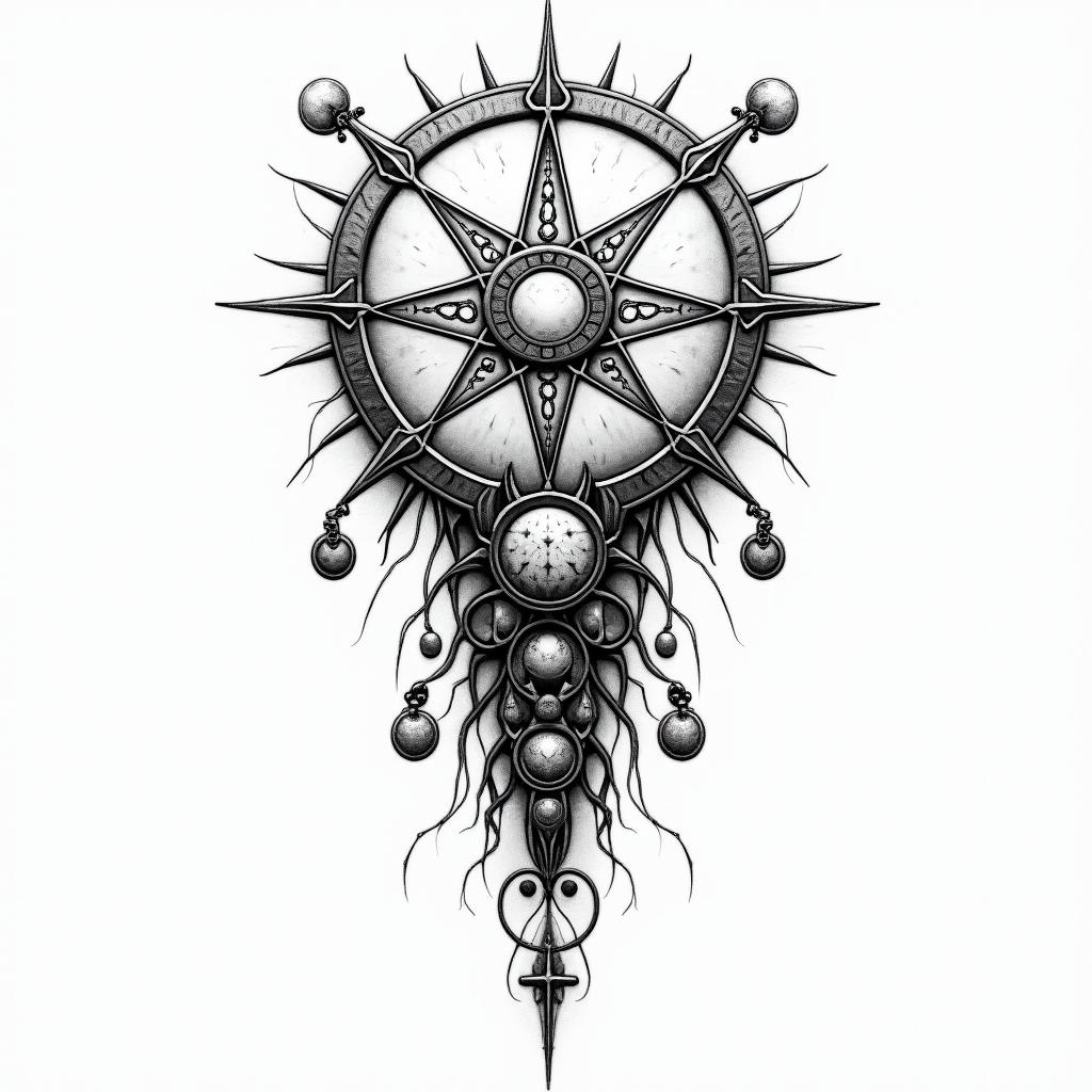 Väiski Wemmelsääriin paganic style tattoo, featuring ancient symbols, add vegvisir symbol, mystical figures, incorporating designs, pentagrams, runes, crescent moons, - Variation 4