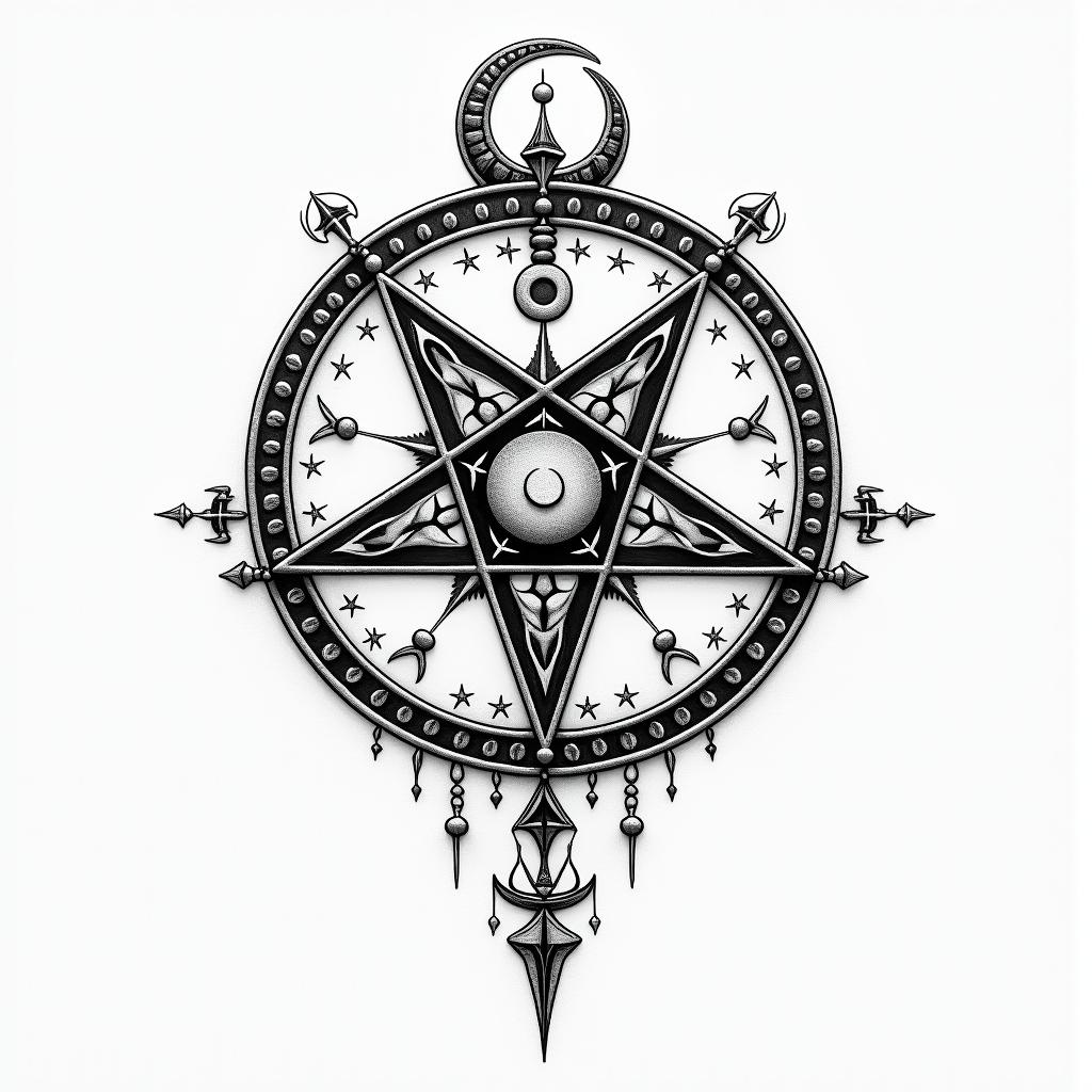 Väiski Wemmelsääriin paganic style tattoo, featuring ancient symbols, add vegvisir symbol, mystical figures, incorporating designs, pentagrams, runes, crescent moons, - Variation 2
