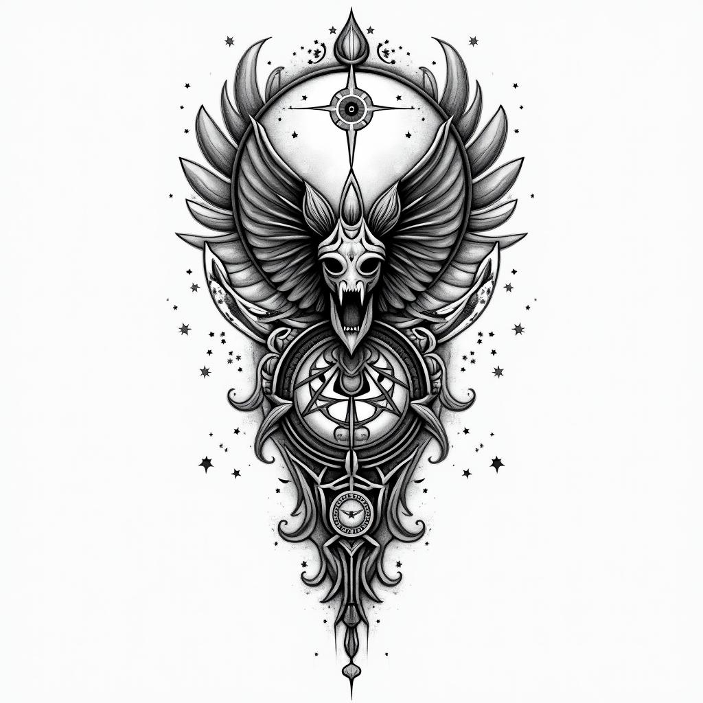 Väiski Wemmelsääriin paganic style tattoo, featuring ancient symbols, add vegvisir symbol, mystical figures, incorporating designs, pentagrams, runes, crescent moons,