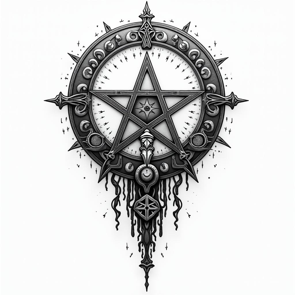 Väiski Wemmelsääriin paganic style tattoo, featuring ancient symbols, add vegvisir symbol, mystical figures, incorporating designs, pentagrams, runes, crescent moons, - Variation 3
