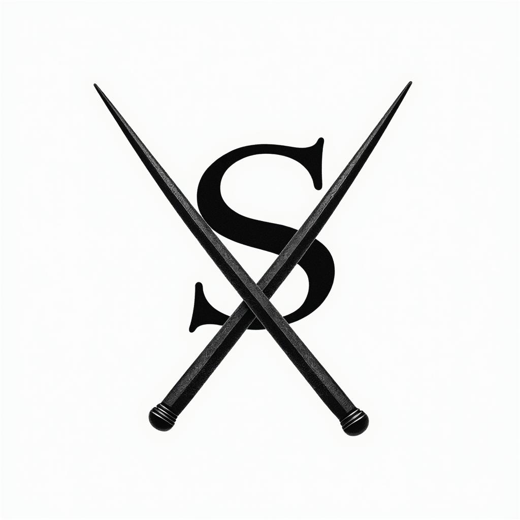 A simple monochrome tattoo design featuring the letter "S" with crossed drumsticks underneath, ensuring the drumsticks touch the letter, symbolizing a deep connection to a drummer father.higly detailed tattoo - Variation 4