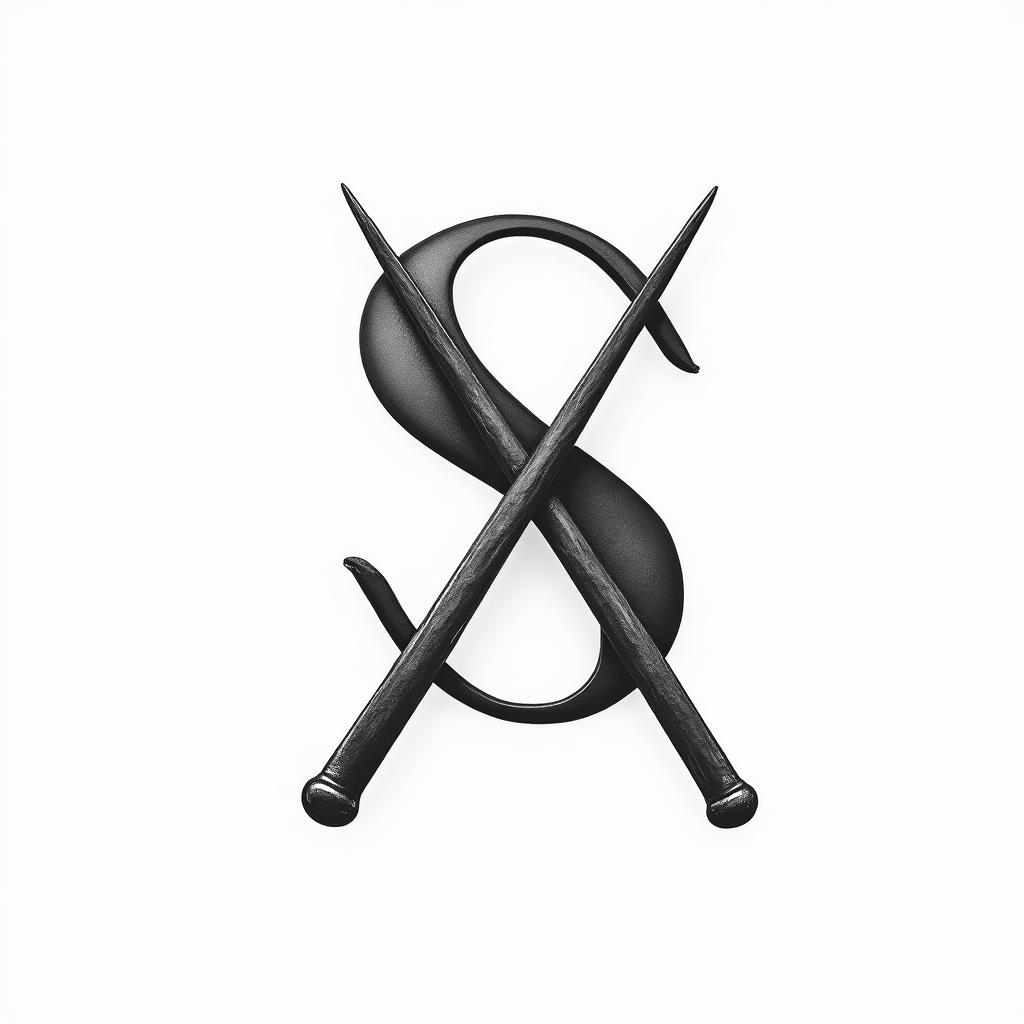 A simple monochrome tattoo design featuring the letter "S" with crossed drumsticks underneath, ensuring the drumsticks touch the letter, symbolizing a deep connection to a drummer father.higly detailed tattoo - Variation 2
