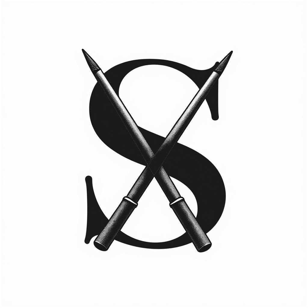 A simple monochrome tattoo design featuring the letter "S" with crossed drumsticks underneath, ensuring the drumsticks touch the letter, symbolizing a deep connection to a drummer father.higly detailed tattoo
