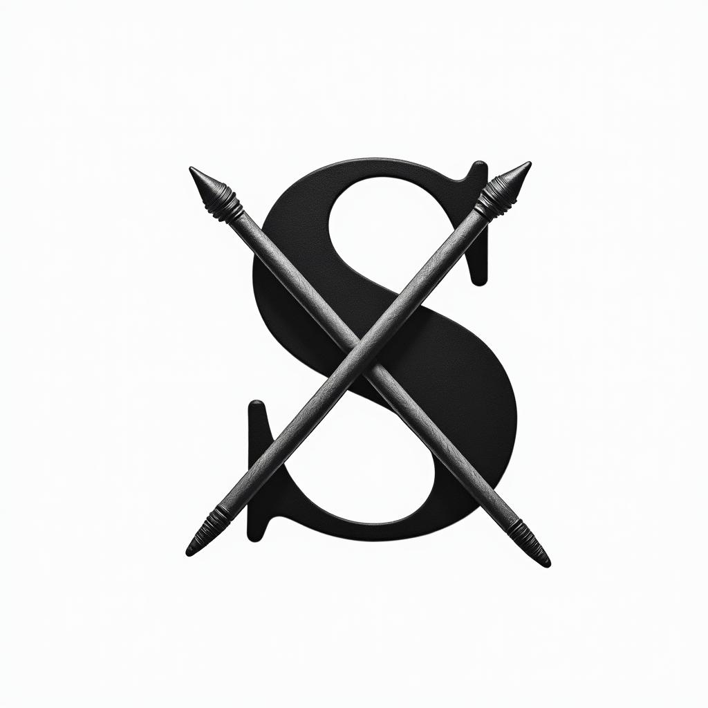 A simple monochrome tattoo design featuring the letter "S" with crossed drumsticks underneath, ensuring the drumsticks touch the letter, symbolizing a deep connection to a drummer father.higly detailed tattoo - Variation 3