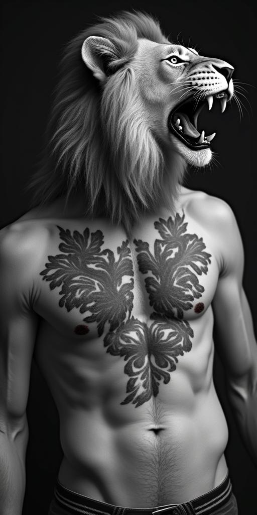 Roaring lion with a flowing manein bohemian style tattoo, 8k - Variation 7