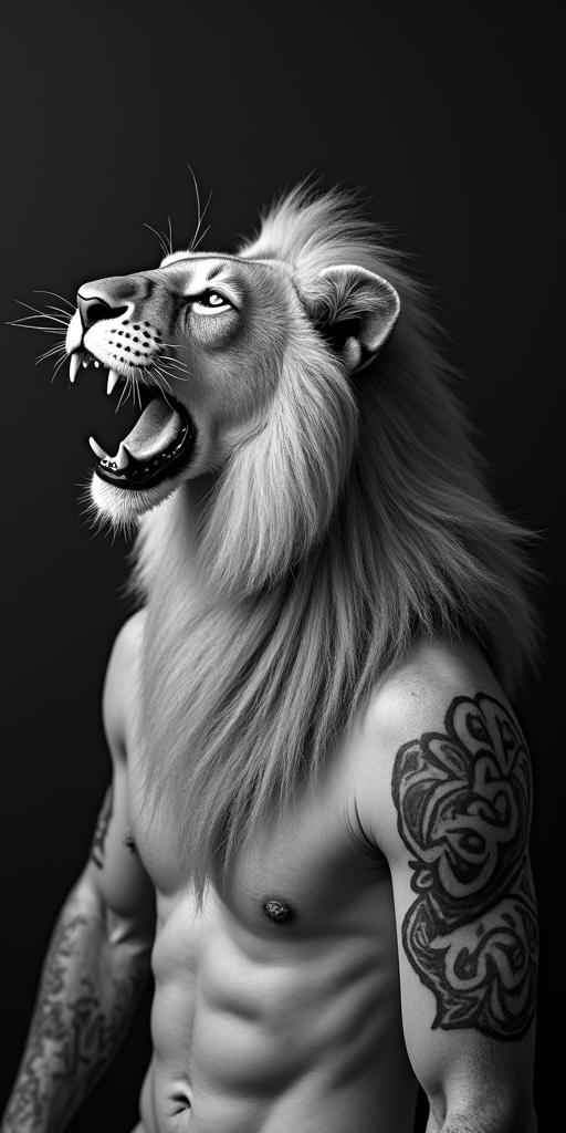 Roaring lion with a flowing manein bohemian style tattoo, 8k - Variation 6