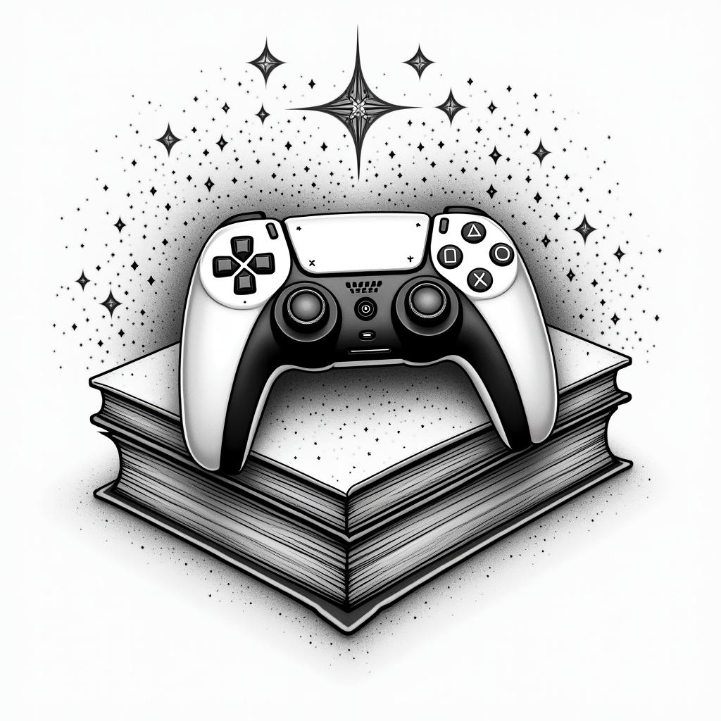 PS5 controller laying on top of a pile of books surrounded by magicin dotwork style tattoo, complex mandala patterns, interlocking geometric shapes with sharp symmetry, clean lines, sharp angles - Variation 2