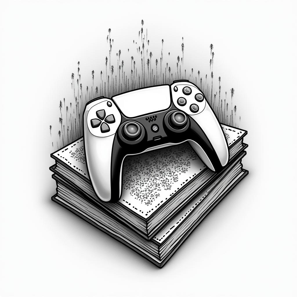 PS5 controller laying on top of a pile of books surrounded by magicin dotwork style tattoo, complex mandala patterns, interlocking geometric shapes with sharp symmetry, clean lines, sharp angles - Variation 3