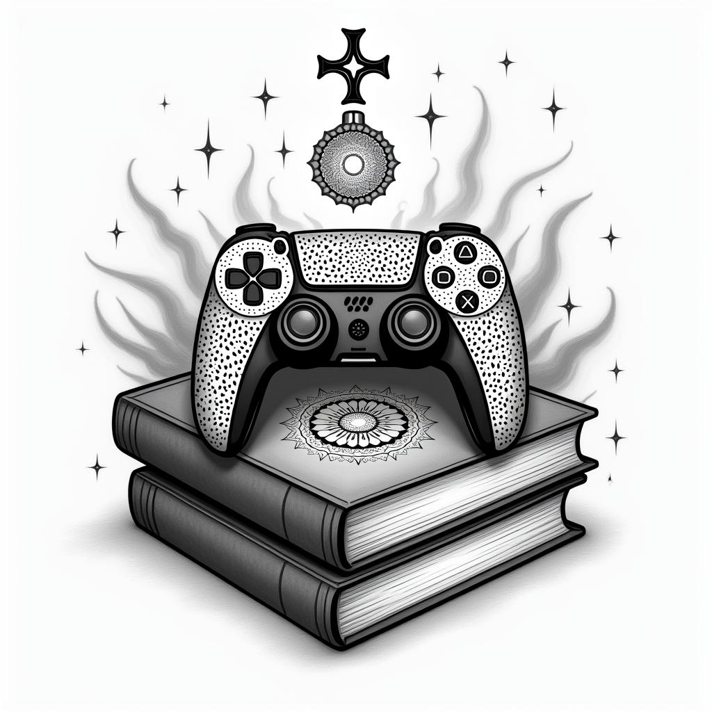 PS5 controller laying on top of a pile of books surrounded by magicin dotwork style tattoo, complex mandala patterns, interlocking geometric shapes with sharp symmetry, clean lines, sharp angles